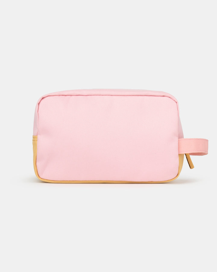 rear view sustainable recycled polyester toiletry bag in pink purple and orange for daily use from the collection MAJU – The Melon Explorer