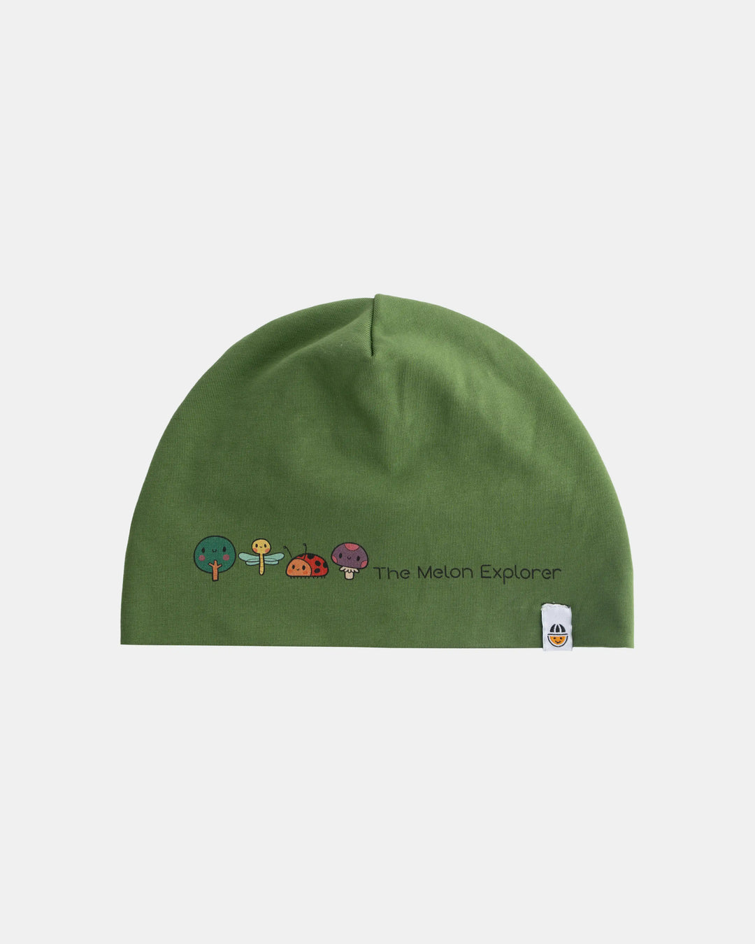 Organic cotton beanie from the Woods collection with all-over animal print, front view