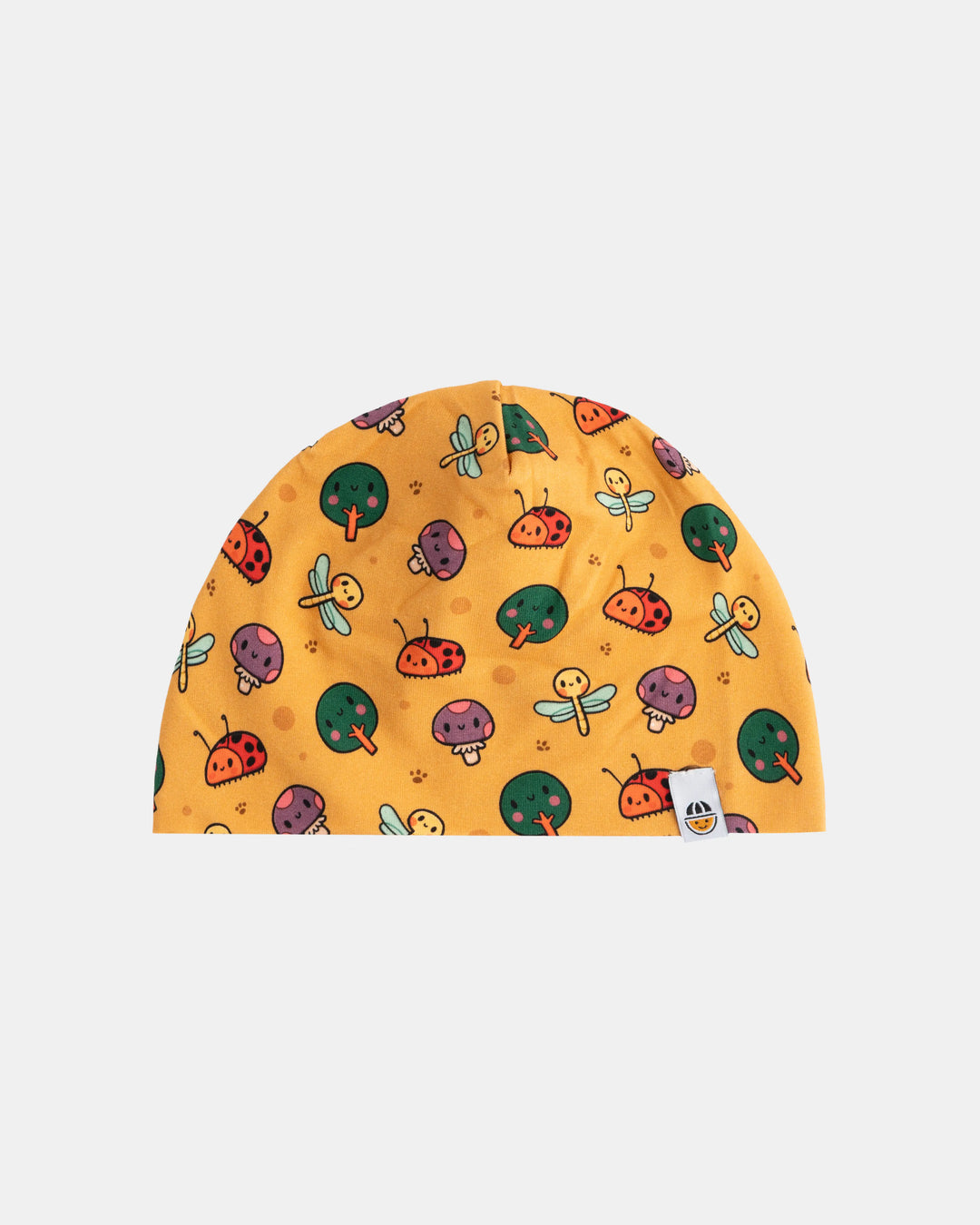 Orange organic cotton beanie with animal pattern from the Woods collection, flat lay front view