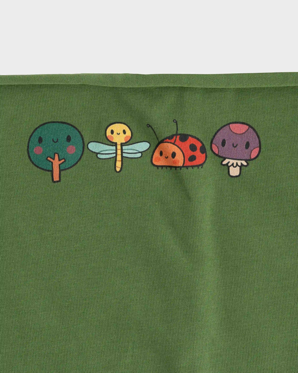 Close-up of animal pattern on green organic cotton tubular scarf (neck warmer) from the Woods collection