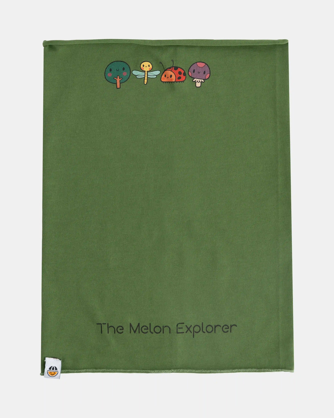 Green organic cotton tubular scarf (neck warmer) green with animal print from the Woods collection, flat lay front view