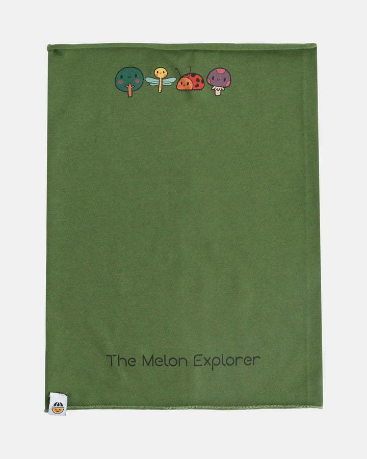 Green organic cotton tubular scarf (neck warmer) green with animal print from the Woods collection, flat lay front view