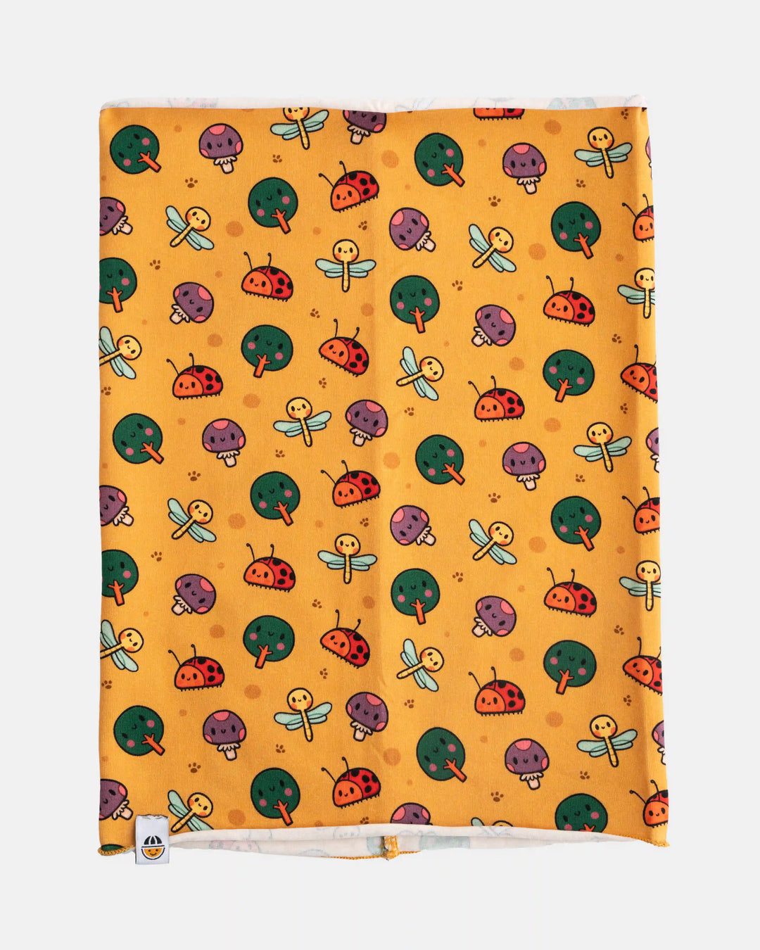 Orange organic cotton tubular scarf (neck warmer) with animal print from the Woods collection, flat lay front view