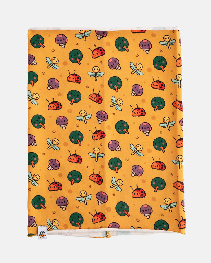 Orange organic cotton tubular scarf (neck warmer) with animal print from the Woods collection, flat lay front view
