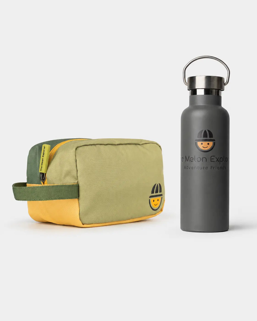 Maju recycled polyester toiletry bag set with grey stainless steel thermo bottle