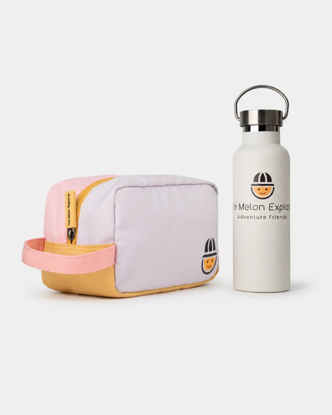 Maju recycled polyester toiletry bag set with grey stainless steel thermo bottle