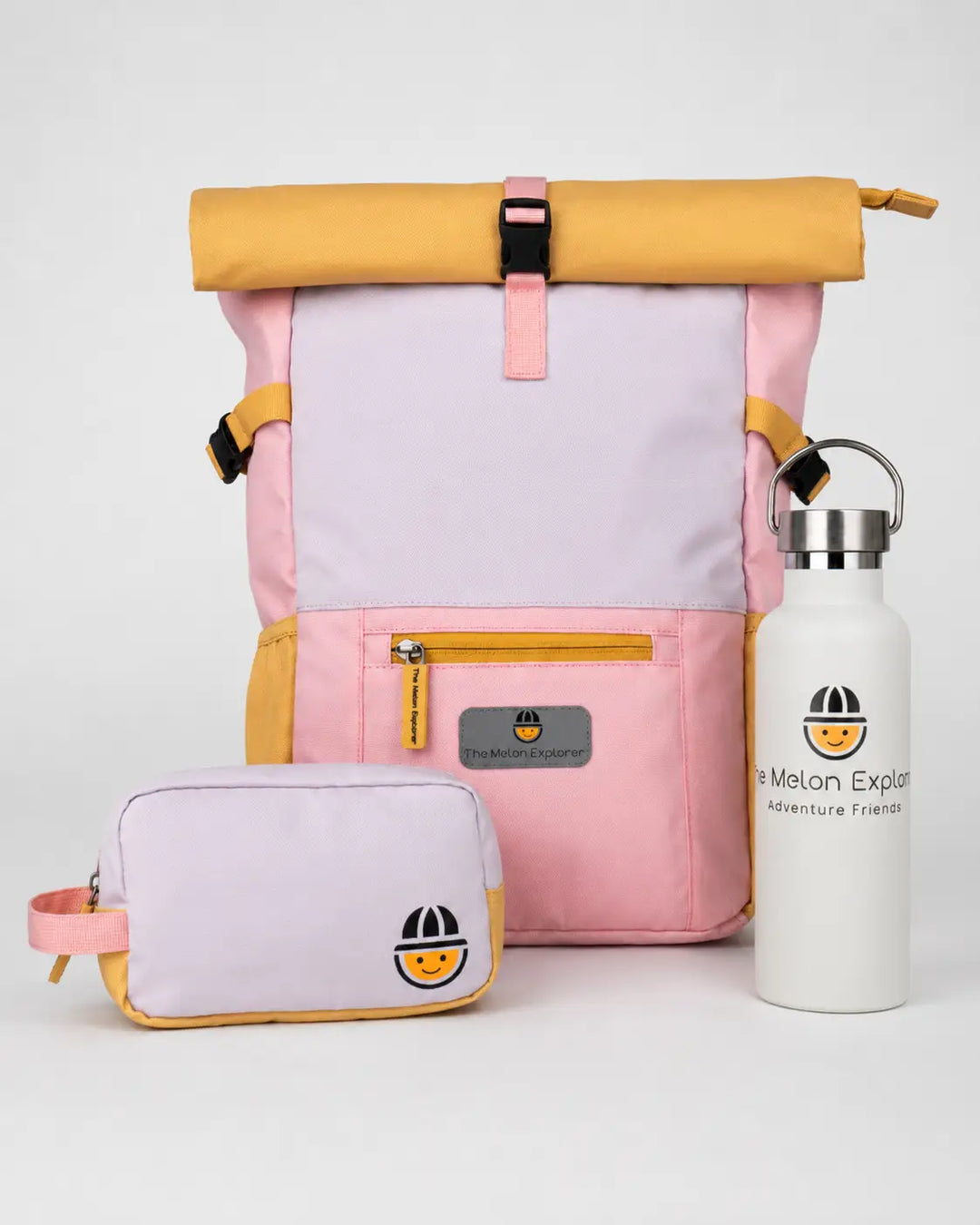Maju recycled polyester backpack and toiletry bag set with grey stainless steel thermo bottle