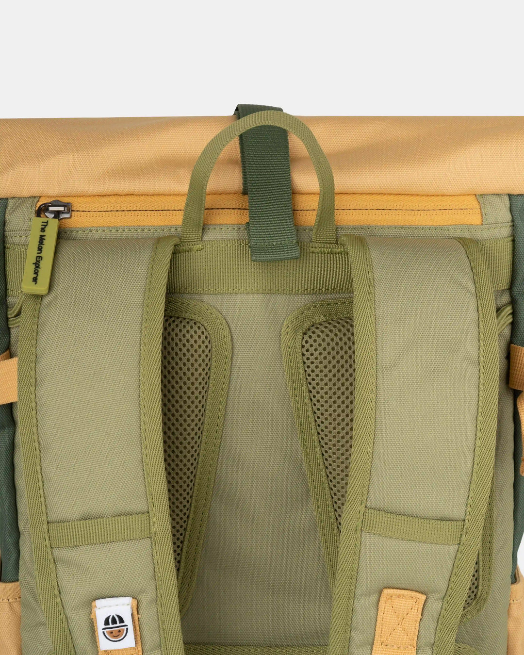 Padded strap detail on green and orange recycled polyester MAJU kids backpack
