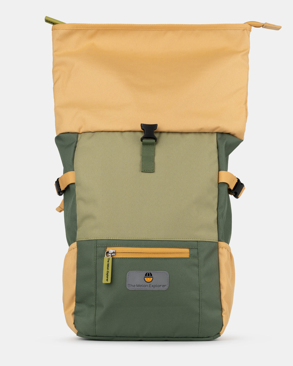 Detail of unfolded sustainable recycled polyester rolltop backpack for children in green and orange for daily use from the collection MAJU – The Melon Explorer
