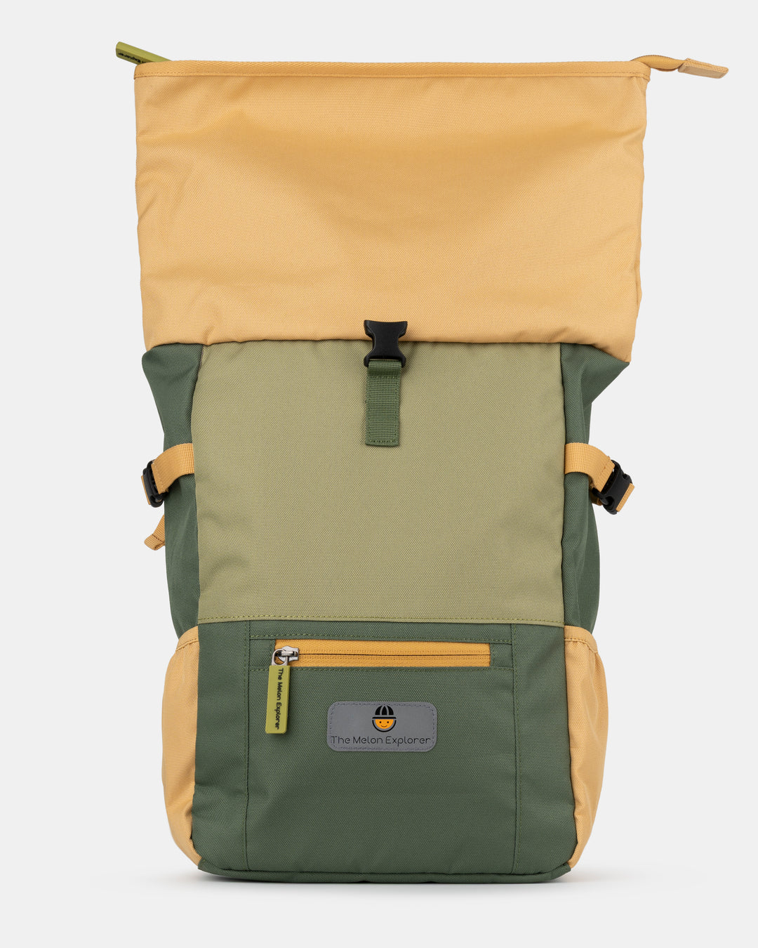 Detail of unfolded sustainable recycled polyester rolltop backpack for children in green and orange for daily use from the collection MAJU – The Melon Explorer