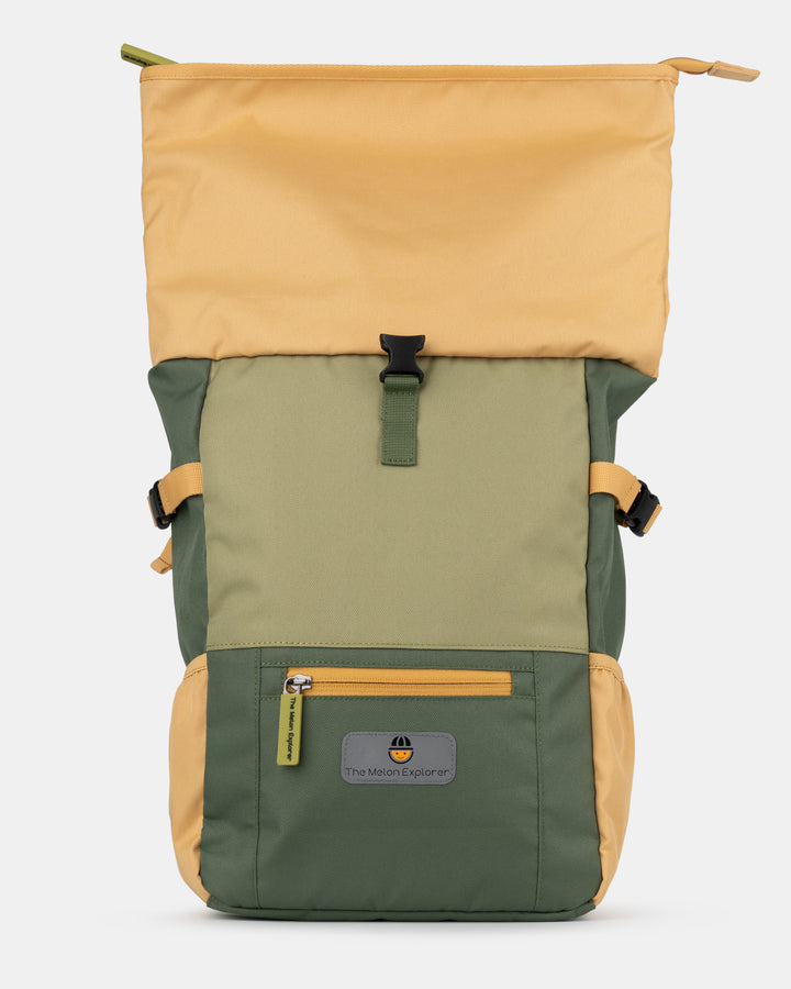 Detail of unfolded sustainable recycled polyester rolltop backpack for children in green and orange for daily use from the collection MAJU – The Melon Explorer