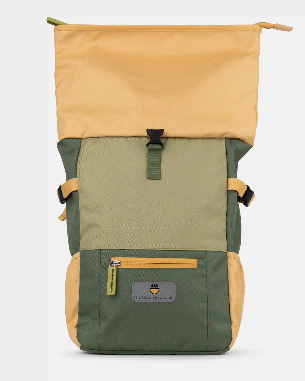 Unfolded view of green and orange recycled polyester MAJU rolltop kids backpack