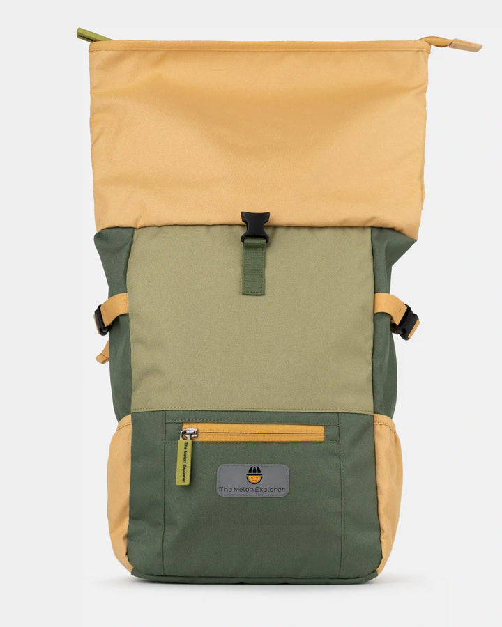 Unfolded view of green and orange recycled polyester MAJU rolltop kids backpack
