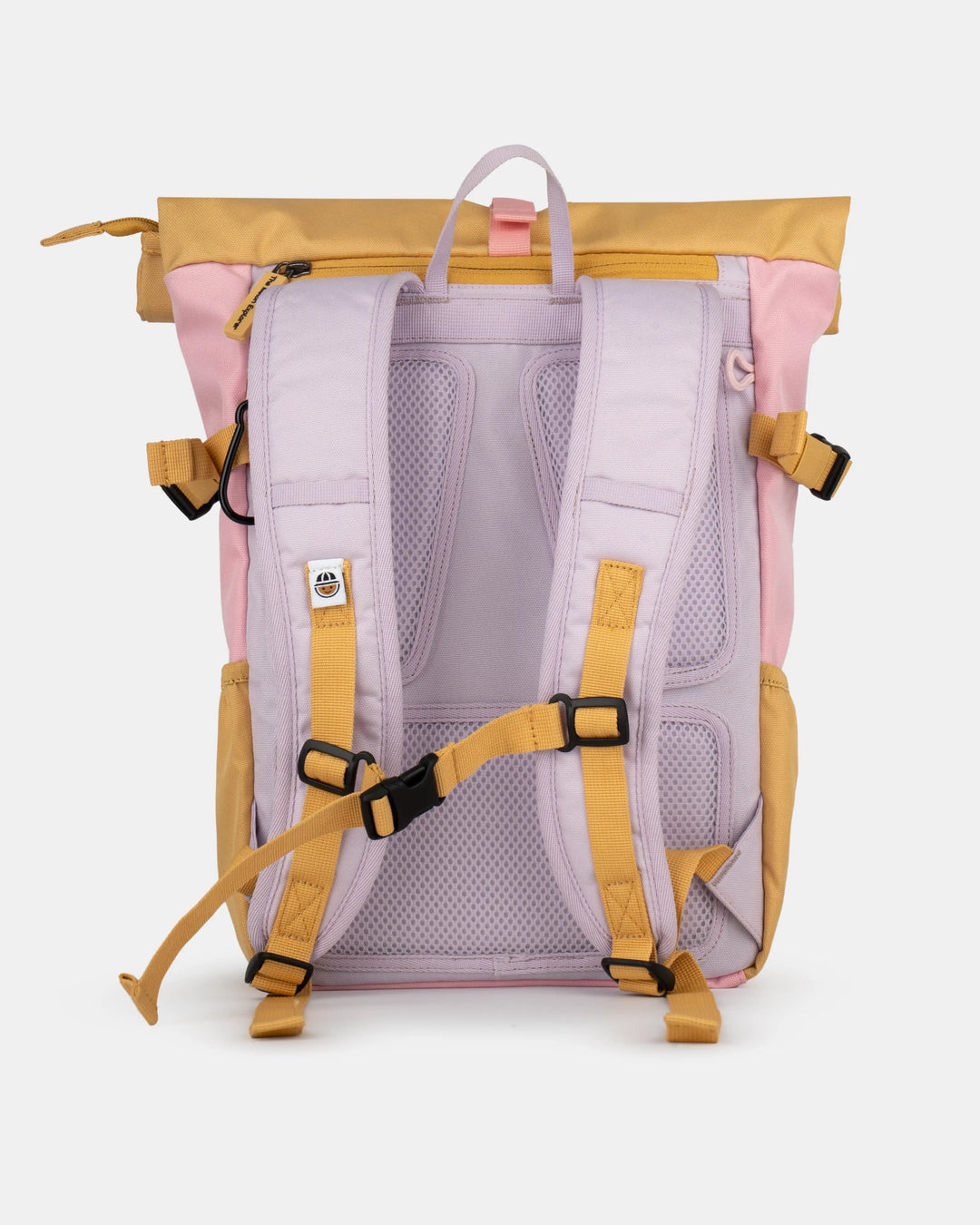 Back view of pink, purple and orange recycled polyester MAJU kids backpack