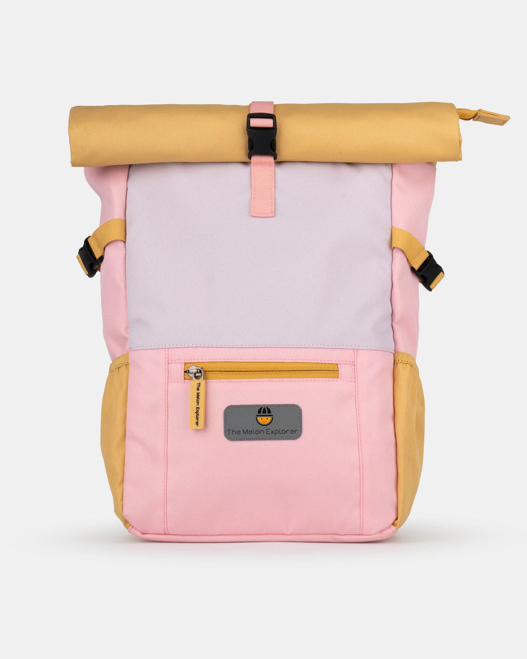 Pink, purple and orange recycled polyester MAJU rolltop kids backpack – front view