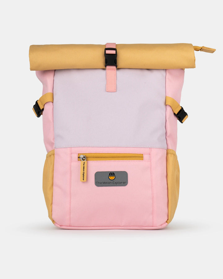 Pink, purple and orange recycled polyester MAJU rolltop kids backpack – front view