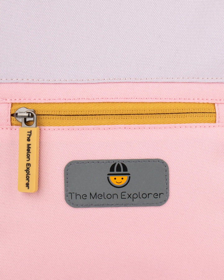 Front pocket detail on pink, purple and orange recycled polyester MAJU kids backpack