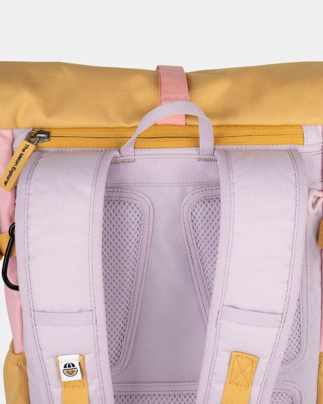 Padded strap detail on pink, purple and orange recycled polyester MAJU kids backpack