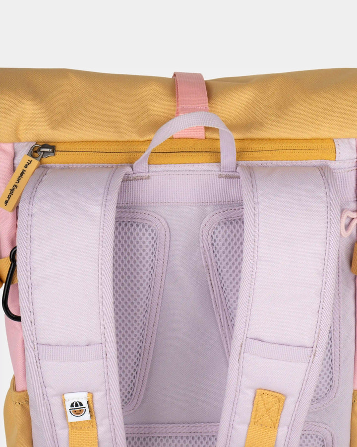 Padded strap detail on pink, purple and orange recycled polyester MAJU kids backpack