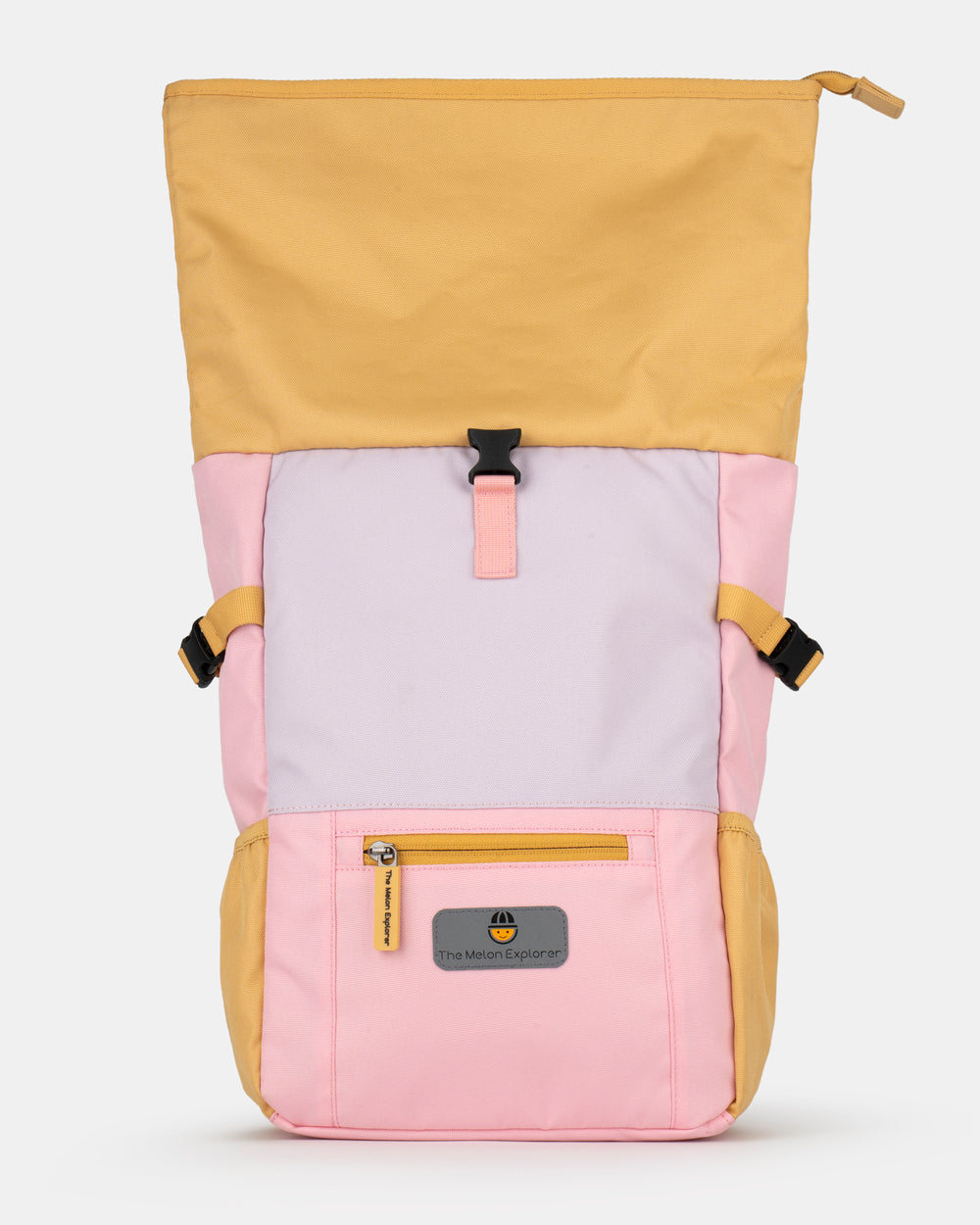 Detail of unfolded sustainable recycled polyester rolltop backpack for children in pink purple and orange for daily use  from the collection MAJU – The Melon Explorer
