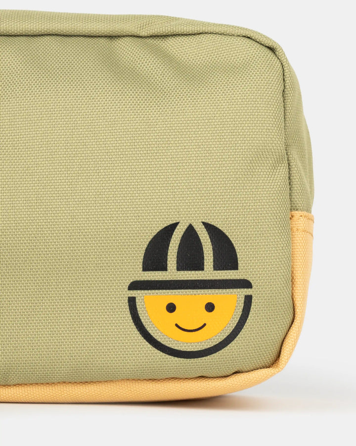 Logo detail on green and orange recycled polyester MAJU toiletry bag