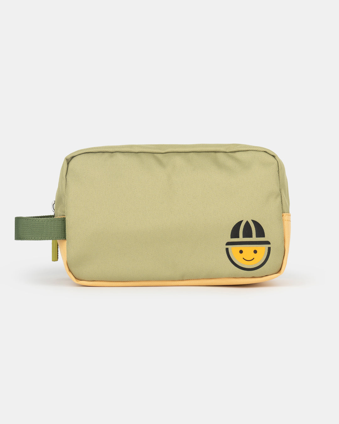Side view sustainable recycled polyester toiletry bag in green and orange for daily use from the collection MAJU – The Melon Explorer
