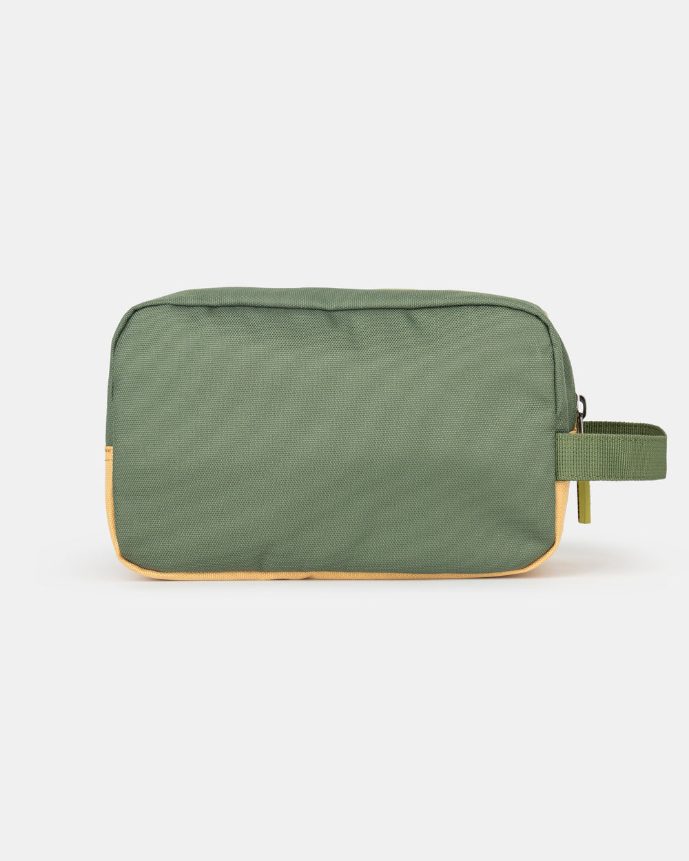 Rear view sustainable recycled polyester toiletry bag in green and orange for daily use from the collection MAJU – The Melon Explorer