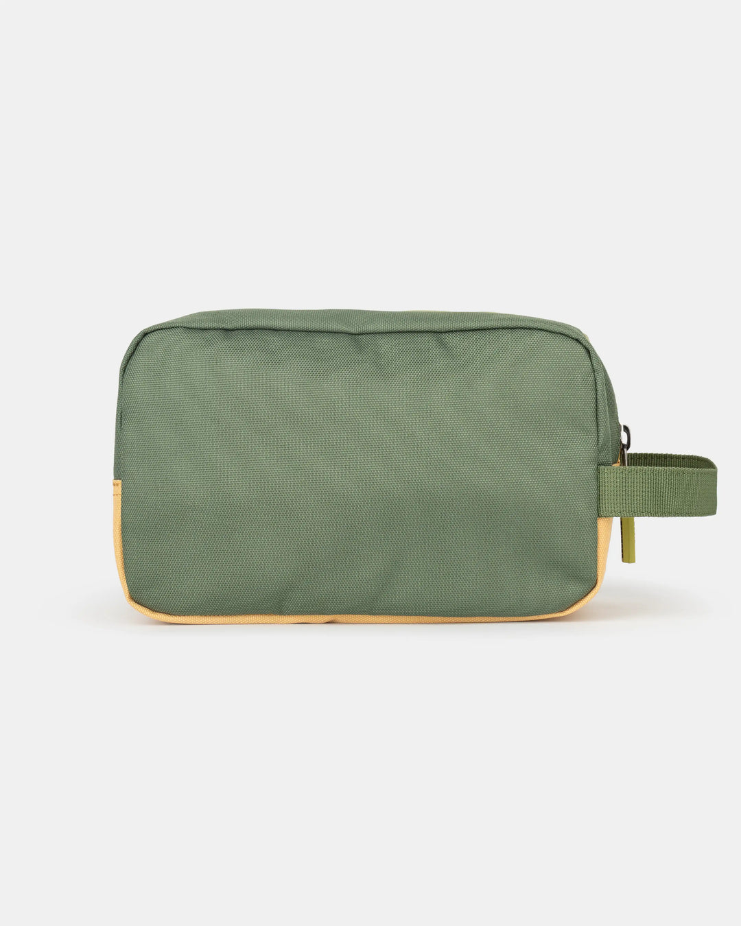 Rear view of green and orange recycled polyester MAJU toiletry bag – The Melon Explorer
