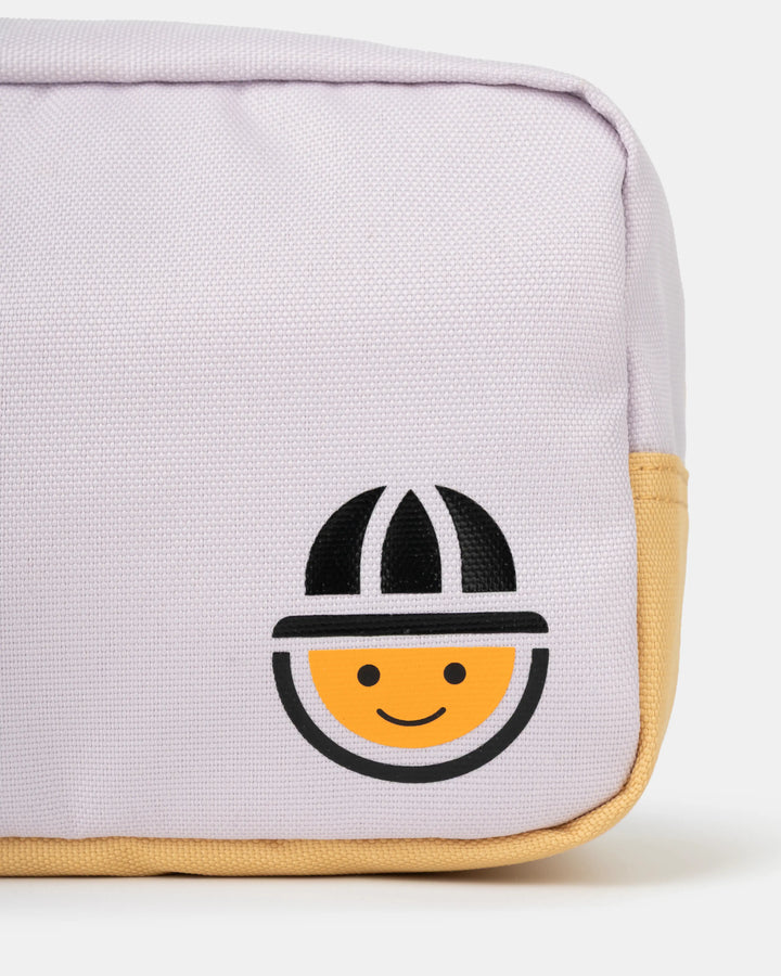 Logo detail on pink, purple and orange recycled polyester MAJU toiletry bag