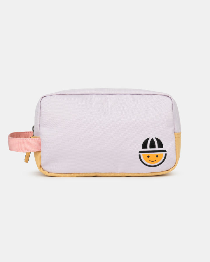 Side view sustainable recycled polyester toiletry bag in pink purple and orange for daily use from the collection MAJU– The Melon Explorer